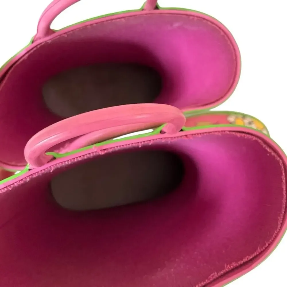 Lazy one Kids Rain Boots Daisy Pink Green Size 1 EUC